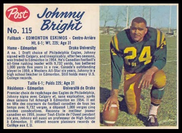 John Bright 1962 Post CFL football card John Bright 1962 Post CFL football card