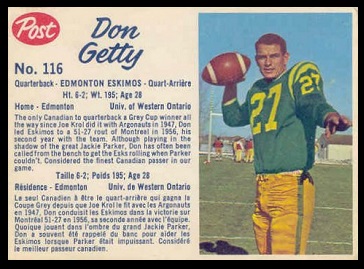 Don Getty 1962 Post CFL football card