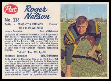 Roger Nelson 1962 Post CFL football card