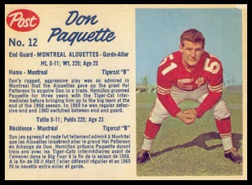 Don Paquette 1962 Post CFL football card