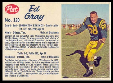 Ed Gray 1962 Post CFL football card