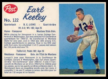 Earl Keeley 1962 Post CFL football card