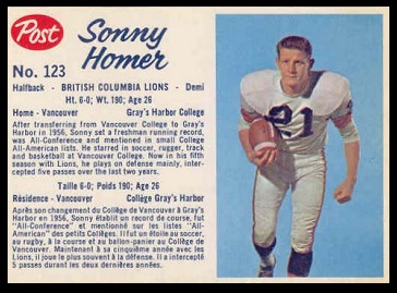 Sonny Homer 1962 Post CFL football card