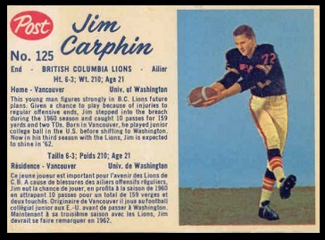 Jim Carphin 1962 Post CFL football card