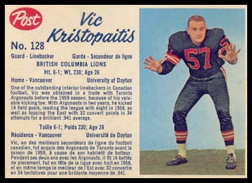 Vic Kristopaitis 1962 Post CFL football card