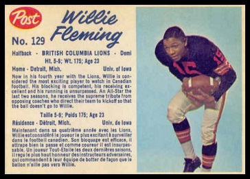 Willie Fleming 1962 Post CFL football card