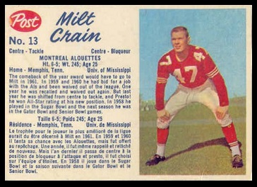 Milt Crain 1962 Post CFL football card