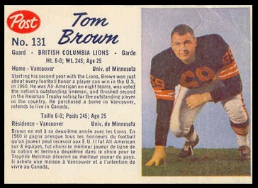 Tom Brown 1962 Post CFL football card Tom Brown 1962 Post CFL football card