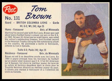 Tom Brown 1962 Post CFL football card