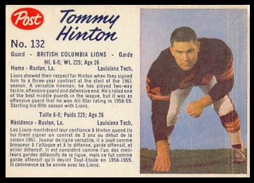 Tom Hinton 1962 Post CFL football card Tom Hinton 1962 Post CFL football card
