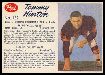 Tom Hinton 1962 Post CFL football card