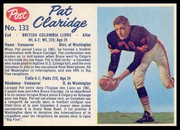 Pat Claridge 1962 Post CFL football card