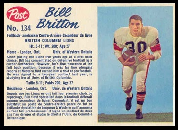 Bill Britton 1962 Post CFL football card