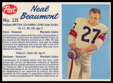 Neal Beaumont 1962 Post CFL football card
