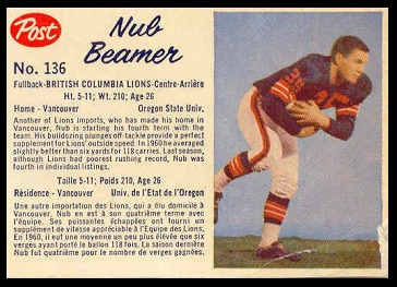Nub Beamer 1962 Post CFL football card Nub Beamer 1962 Post CFL football card