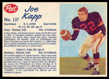 Joe Kapp 1962 Post CFL football card