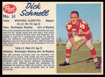 Dick Schnell 1962 Post CFL football card