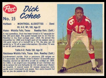 Dick Cohee 1962 Post CFL football card