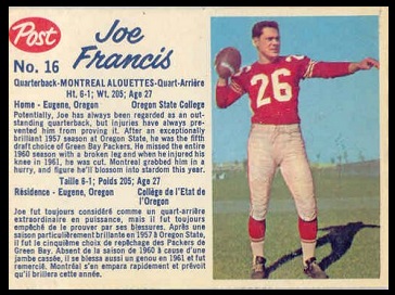 Joe Francis 1962 Post CFL football card