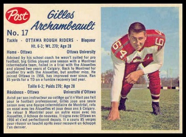 Gilles Archambault 1962 Post CFL football card Gilles Archambault 1962 Post CFL football card
