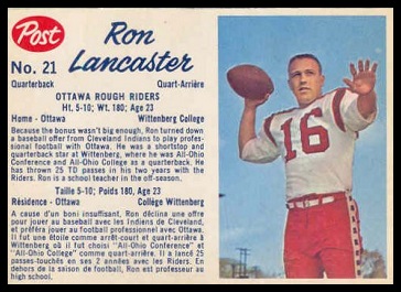 Ron Lancaster 1962 Post CFL football card