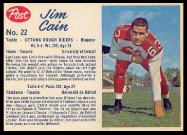 Jim Cain 1962 Post CFL football card