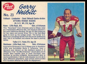 Gerry Nesbitt 1962 Post CFL football card