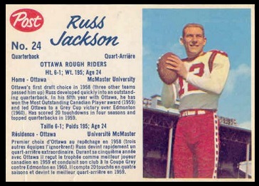 Russ Jackson 1962 Post CFL football card Russ Jackson 1962 Post CFL football card