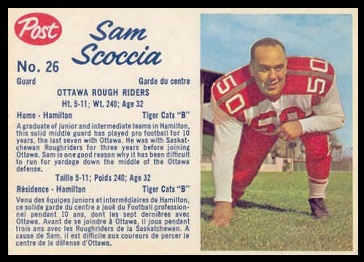 Sam Scoccia 1962 Post CFL football card