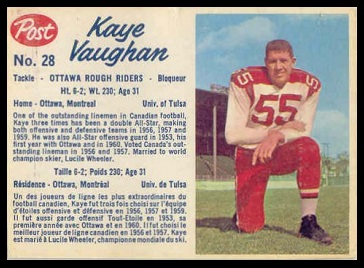 Kaye Vaughan 1962 Post CFL football card