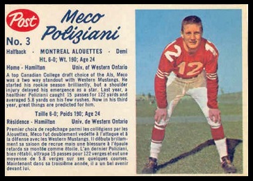 Meco Poliziani 1962 Post CFL football card