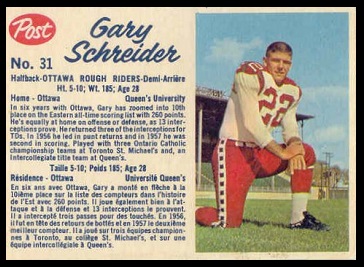 Gary Schreider 1962 Post CFL football card