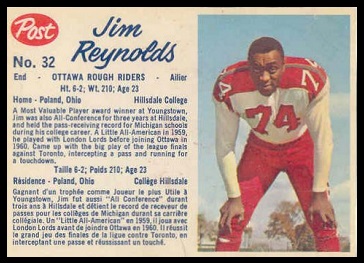 Jim Reynolds 1962 Post CFL football card