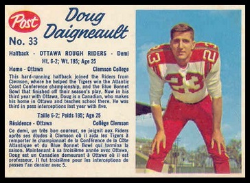 Doug Daigneault 1962 Post CFL football card