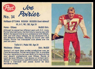 Joe Poirier 1962 Post CFL football card