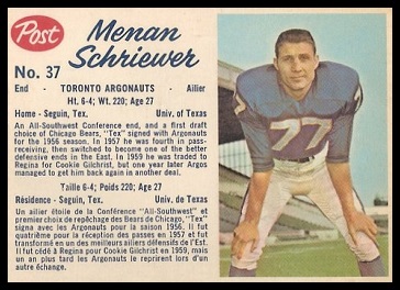 Menan Schriewer 1962 Post CFL football card