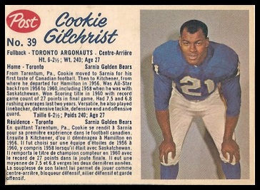 Cookie Gilchrist 1962 Post CFL football card