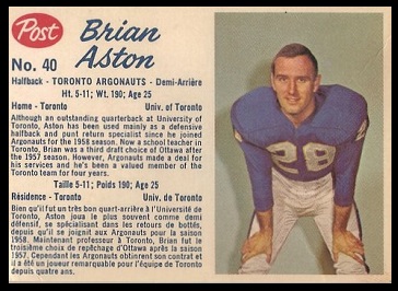 Brian Aston 1962 Post CFL football card