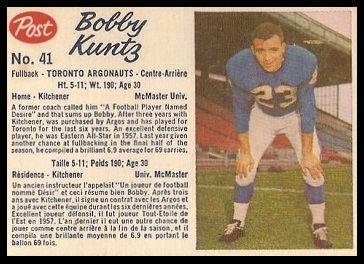 Bobby Kuntz 1962 Post CFL football card
