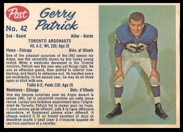 Gerry Patrick 1962 Post CFL football card