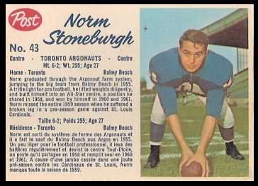 Norm Stoneburgh 1962 Post CFL football card