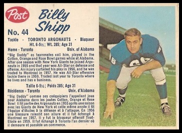 Billy Shipp 1962 Post CFL football card