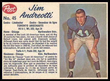 Jim Andreotti 1962 Post CFL football card