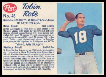Tobin Rote 1962 Post CFL football card Tobin Rote 1962 Post CFL football card