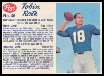 Tobin Rote 1962 Post CFL football card