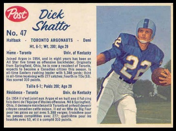 Dick Shatto 1962 Post CFL football card Dick Shatto 1962 Post CFL football card