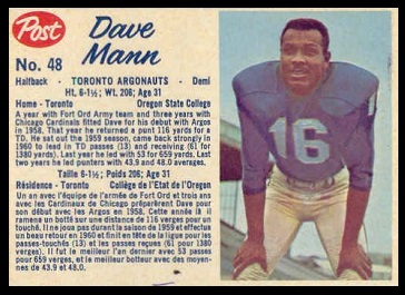 Dave Mann 1962 Post CFL football card