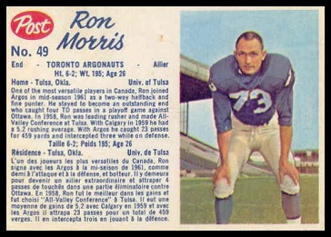 Ron Morris 1962 Post CFL football card