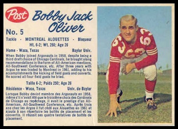 Bobby Jack Oliver 1962 Post CFL football card