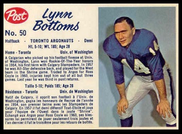 Lynn Bottoms 1962 Post CFL football card